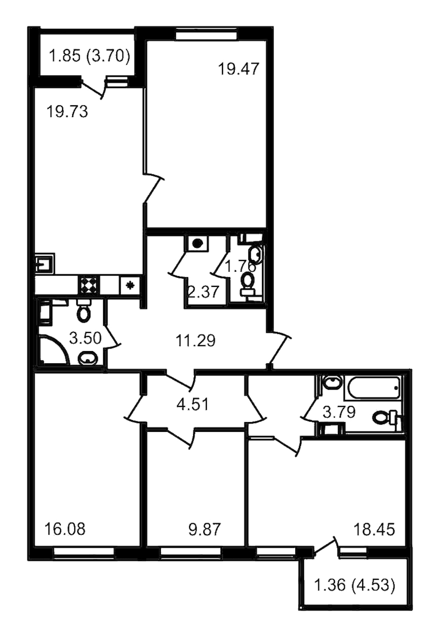 4-комнатная квартира 110.82 м², 13/13 эт., ЖК «Чёрная речка»